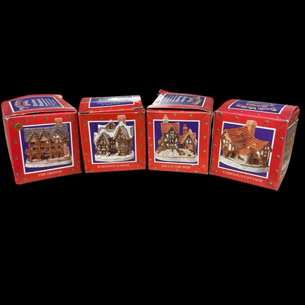 Vintage David Winter Cottages 4 Christmas Ornaments Scrooge Grange Tomfool Wisp